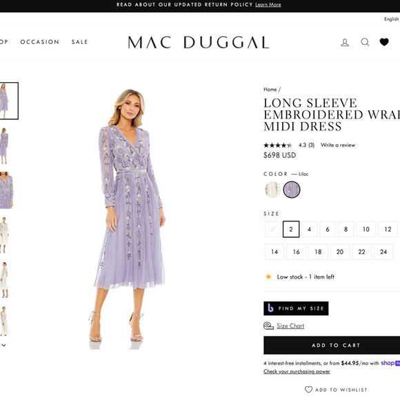 NWT $698 Mac Duggal [ 4 ] Long Sleeve‎ Embroidered Wrap Midi Dress Lilac G1710 - Picture 3 of 16